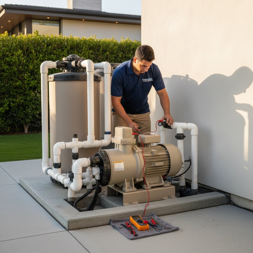 Pool-equipment-pad-with-modern-pump-and-filter-system-being-serviced-by-technician